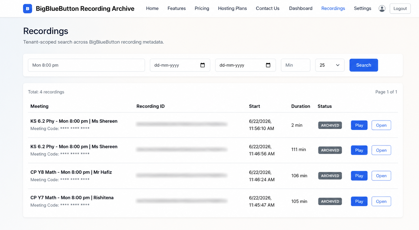 Recordings screen with searchable archive list and filters